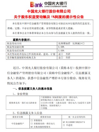 光大银行：中信金融资产7月24日至11月27日增持1%公司股份