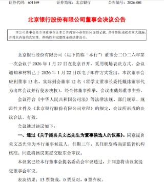 北京银行：提名关文杰为董事候选人