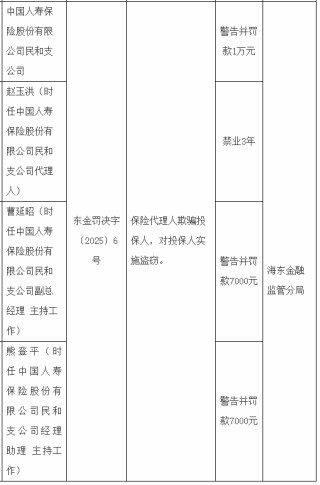 国寿寿险民和支公司被罚1万元：保险代理人欺骗投保人 对投保人实施盗窃