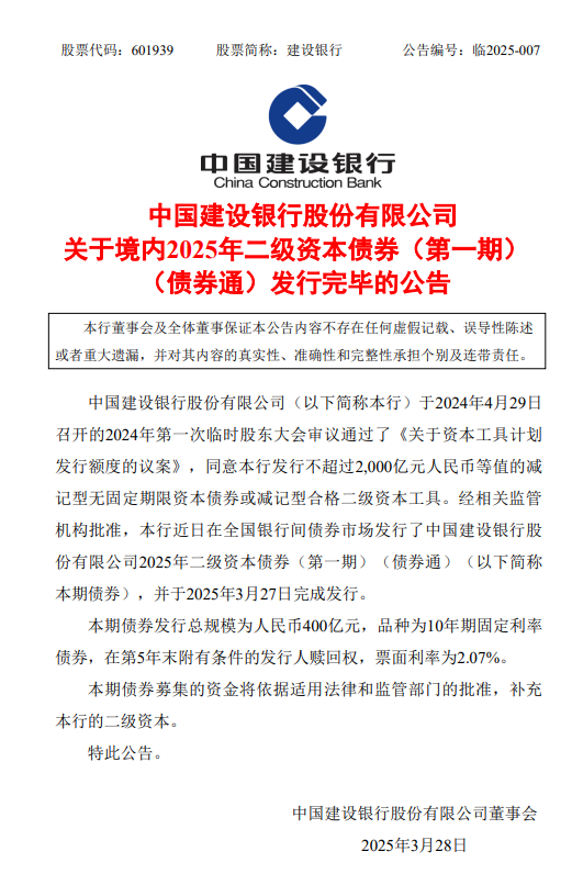 建设银行：完成发行400亿元二级资本债券  第1张