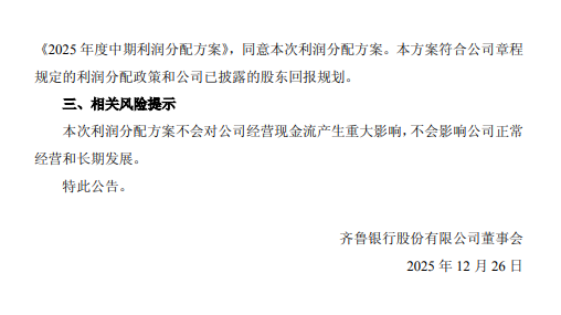 齐鲁银行公布中期利润分配方案：拟每10股派发现金红利1.21元  第2张