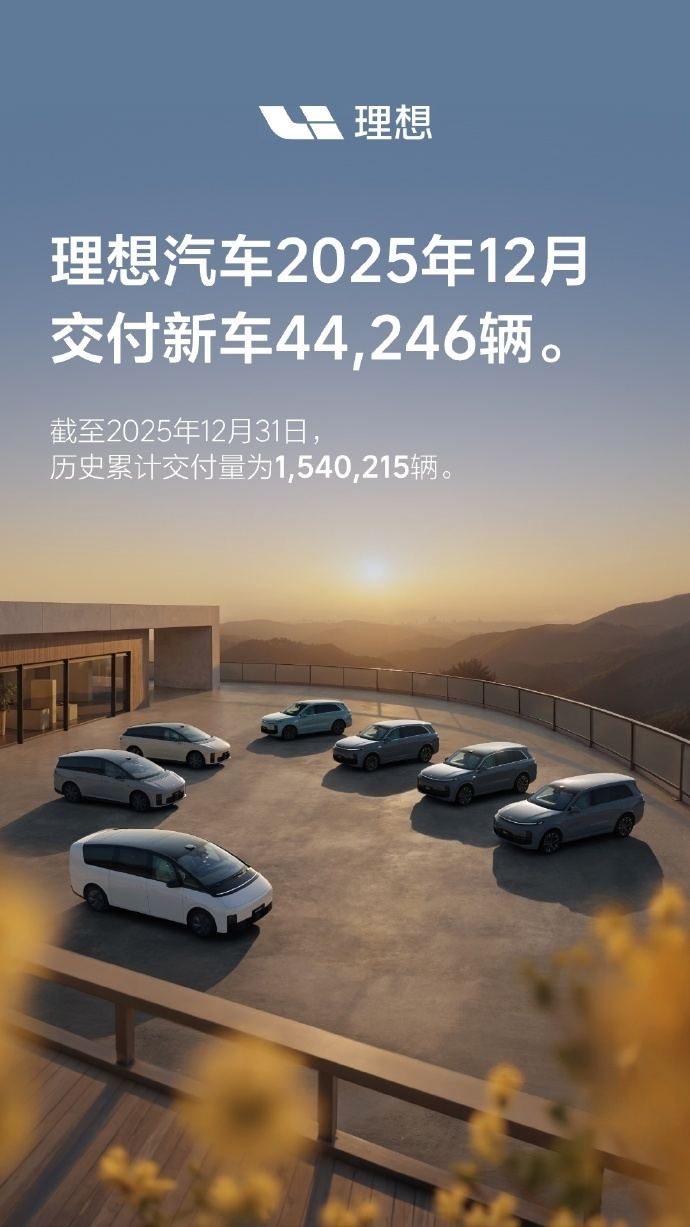 理想汽车12月交付44246辆 全年交付量超150万  第1张