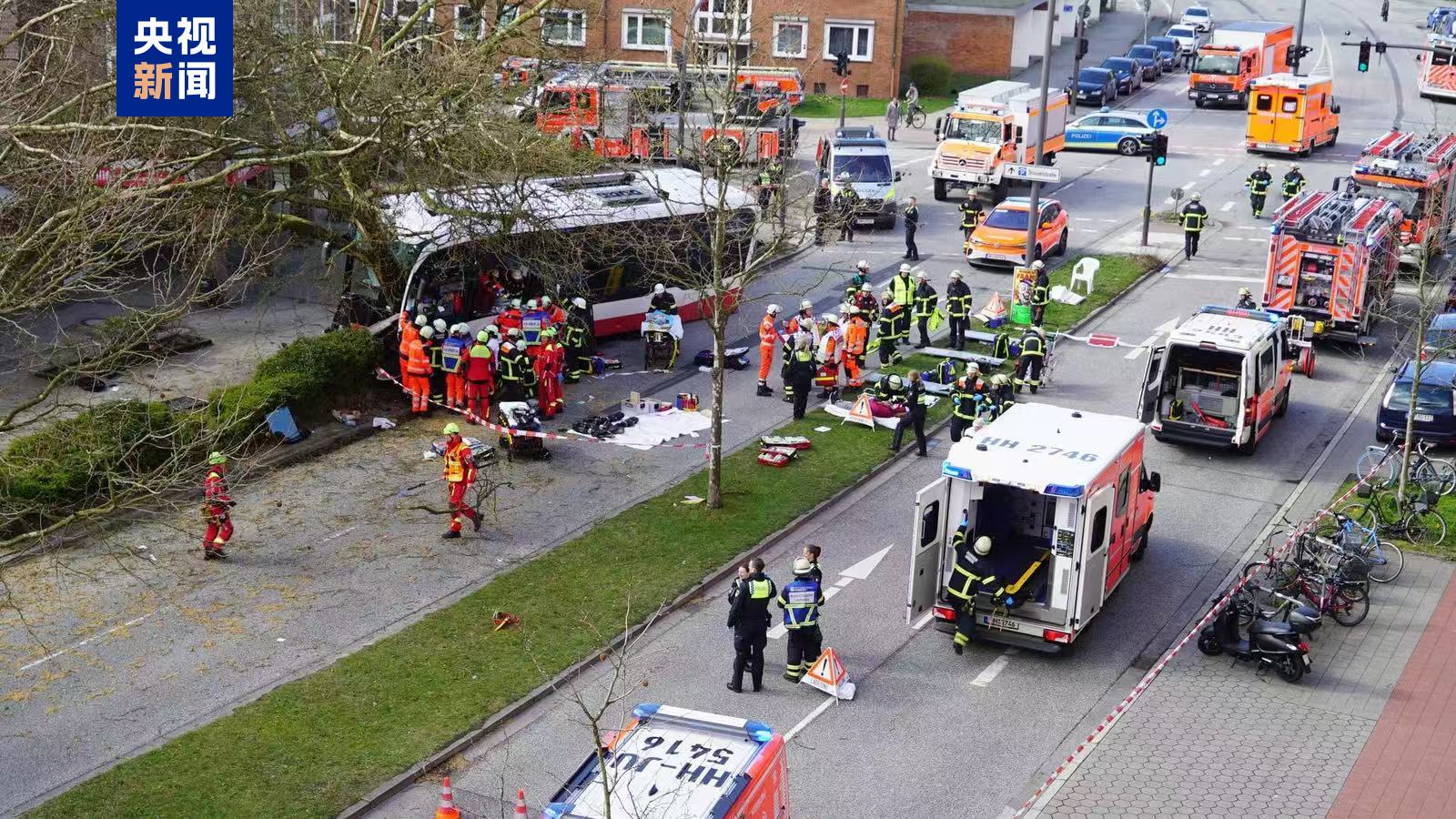 德国汉堡一公交车撞树致16人受伤  第1张